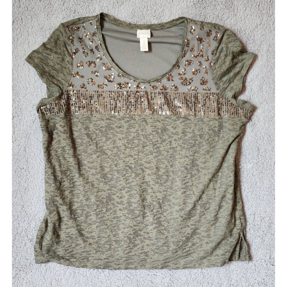 Chico’s Women's Short sleeve Burnout Style Lined Tshirt Top Sequins Green 3 (XL)